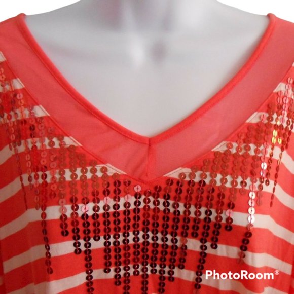 Women's Plus Size Stripe V Neck T Shirt Orange White Striped Sequins NWT - Picture 6 of 11